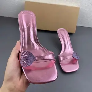 Zapatos Altos De Mujer 여름 핑크 스틸레토 슬리퍼 뮬 여성 샌들 하이힐 여성용