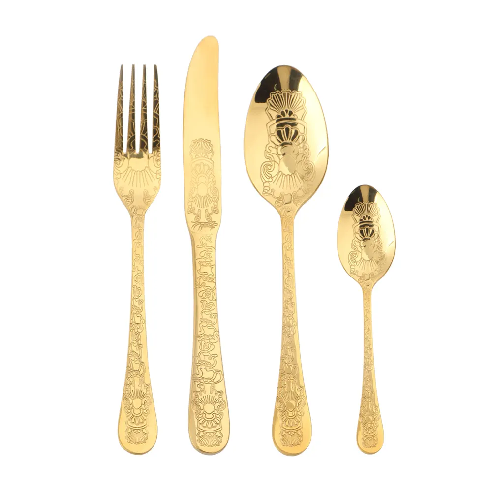 ZARA HOME gold PVD plating flower embossed engraved stainless steel spoons tableware utensils silverware flatware cutlery set