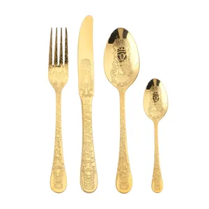 ZARA HOME Gold PVD Plating Flower Embossed Engraved Stainless Steel Spoons Tableware Utensils Silverware Flatware Cutlery Set