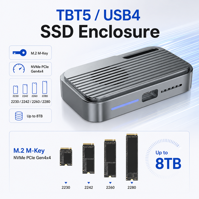 Thunderbolt 5/USB4 M.2 NVMe SSD Enclosure, 80Gbps PCIe Gen4x4, Intelligent Fan Cooling, Tool-Free, 8TB Max, for 22-80 SSDs