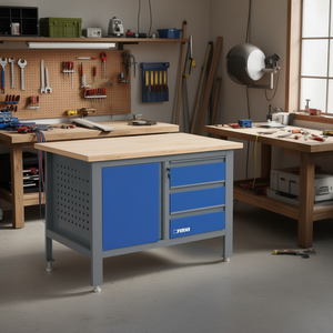 Kit d'assemblage d'établi industriel Fervi 120x60x85 cm, plateau en bois bleu, tiroirs de rangement, garantie 3 ans, serrure à clé, charge maximale 250 kg - Product Image 2