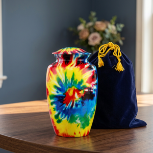 Urne funéraire Tie Dye pour adultes, design arc-en-ciel personnalisable, vase commémoratif avec sac en velours - Product Image 2