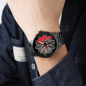 Montre pour homme avec design de jante de voiture, cadran unique en forme de roue 3D, montre-bracelet en acier inoxydable, étanche 30M, montre sport à quartz. - Product Image 2