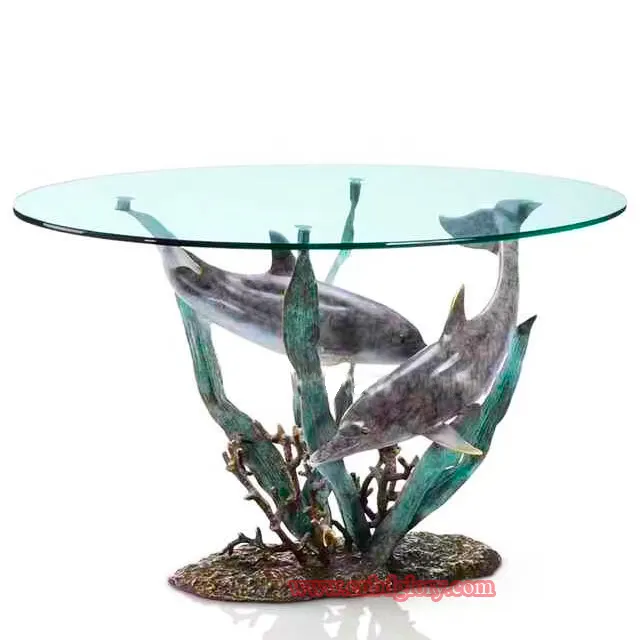 Accueil Hôtel Villa Meubles de luxe Table basse art sculpture Dessus de table en verre statue de dauphin en bronze