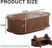 Table basse ovale en bois d'ingénierie de style Mid-Century Modern avec portes à charnières cannelées et double plateau rabattable à couvercles cachés, mobilier de salon