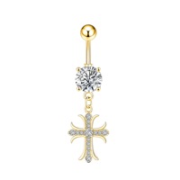 Nouveau modèle de piercing de nombril en laiton avec pierre en zirconium en forme de croix. Bijoux tendance unisexes en édition limitée, prêts à l'emploi