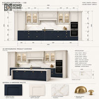 Meubles de cuisine bicolores BEIMEI : base bleu marine américain, unités murales crème alabastro, îlot Calacatta cascade, armoires de villa