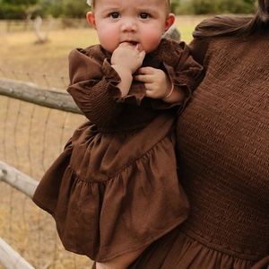 Automne Automne Manches Longues Vintage Solide Smocké Robes Maman Et Moi Robe Tenues - Product Image 2