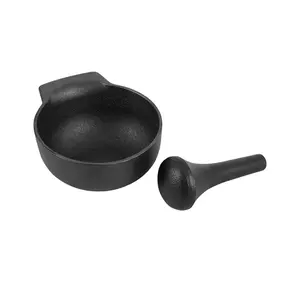 Cast Iron Mortar and Pestle Set with Pre-seasoned Oil Coating for Grinding Cookware