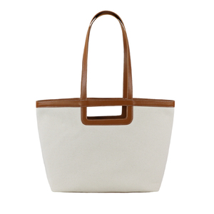 Beige <b>Canvas</b> <b>Shopper</b> Bag with Tan Faux Leather Trim and Long Strap Zippered Compartment Ladies Commuter Handbag with Logo - Product Image 3
