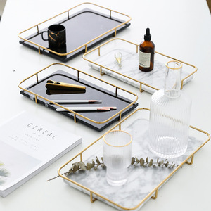Venta al por mayor de lujo de estilo europeo de metal plano bandeja de almacenamiento de mármol natural creativo borde dorado diseño Art <span class=keywords><strong>Deco</strong></span> para la exhibición de la joyería - Product Image 1