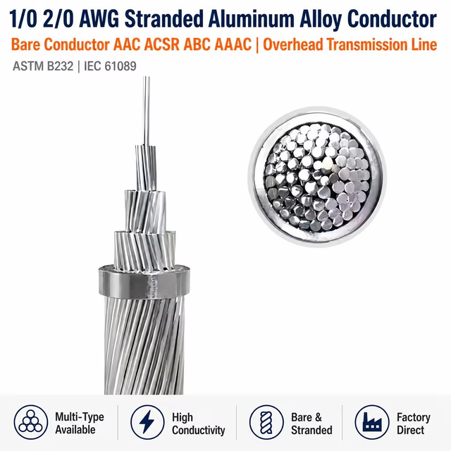 1/0 2/0 AWG Stranded Aluminum Alloy Conductor Bare Wire AAC ACSR ABC AAAC Overhead Transmission Line Aluminum Electrical Wire