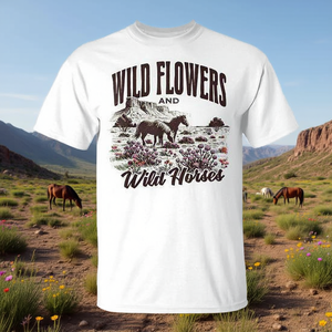 Camiseta Western con diseño de flores silvestres y caballos salvajes, unisex para adultos, 100% algodón - Product Image 3