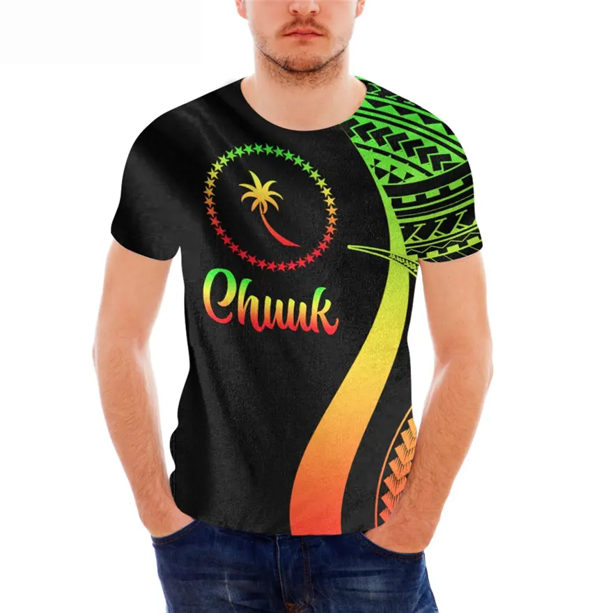 Großhandel On Demand T-Shirt Druckmaschine Polynesian Hawaii Floral Chuuk Design Männer Top Yellow Tribal Printed Overs ized T-Shirt