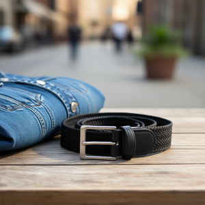 Cinturón de Cuero Elástico Trenzado Negro de 3.5 cm 105/110/120 para Hombre y Mujer, Uso Casual - Product Image 3