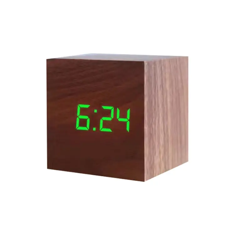 Reloj de madera Led para escritorio, despertador Digital con soporte de madera, pantalla de temperatura, Color verde, azul, blanco y rojo