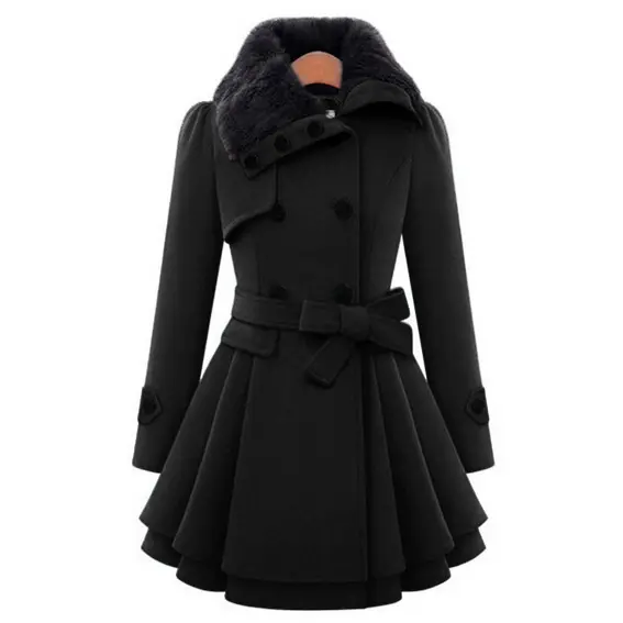 women New European and American women's slimming mid-length woolen coat double breasted overcoat+belt women's coats fur coat