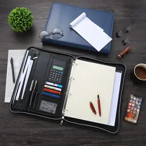 Benutzer definierte Pu Ring Binder Ordner A4 mit Logo, Leder Reiß verschluss Portfolio Binder mit Taschen rechner, Reiß verschluss Pad folio mit 4 Ring Binder