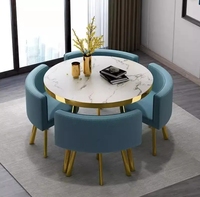 Ensemble de table à manger moderne de luxe léger avec plateau en marbre et pieds en acier inoxydable, quatre chaises de couleur personnalisée, pliable, idéal pour hôtel et villa