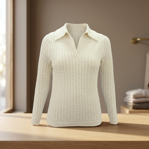 Pull en tricot crème pour femmes, manches longues, col rabattu, motif géométrique, pull décontracté, vêtements d'automne - Product Image 1