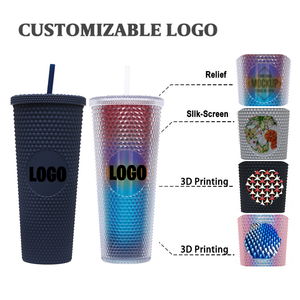24 oz doble pared mate rosa amarillo enjoyado diamante plástico acrílico tachonado vaso con pajita - Product Image 4