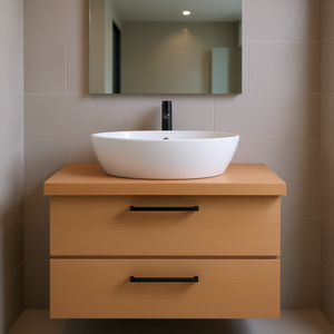 Meuble-lavabo de salle de bain en bois massif 31,5x23,6x(0,8-2,4) avec finition claire, design rectangulaire moderne et minimaliste, sur pied - Product Image 2