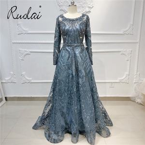 Ruolai OEV-L4280 Abito da Sera di Lusso a Maniche Lunghe, Sexy e Mozzafiato, <span class=keywords><strong>Blu</strong></span> con Scollo Rotondo e Pizzo con <span class=keywords><strong>Paillettes</strong></span> - Product Image 2