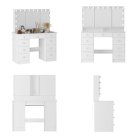 Vente en gros de bureau de maquillage en MDF blanc avec miroir triple éclairé, plateau en verre et 9 tiroirs