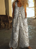 Combinaison ample vintage d'été pour femme, col en U, boutonnée sur le devant, imprimé floral, sans manches, avec poches, jambes larges, idéale pour les vacances et le quotidien