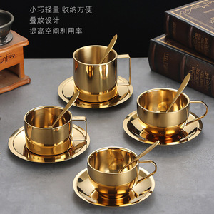 Stainless Steel Coffee <b>Cup</b> <b>Set</b> Gold Plated 304 Double Layer With Saucer And Spoon For Home Office Use - Product Image 1