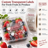 Étiquettes personnalisées transparentes pour fruits et légumes, autocollants en PET transparents avec encre blanche et vernis UV sélectif pour emballages de baies fraîches en coquille
