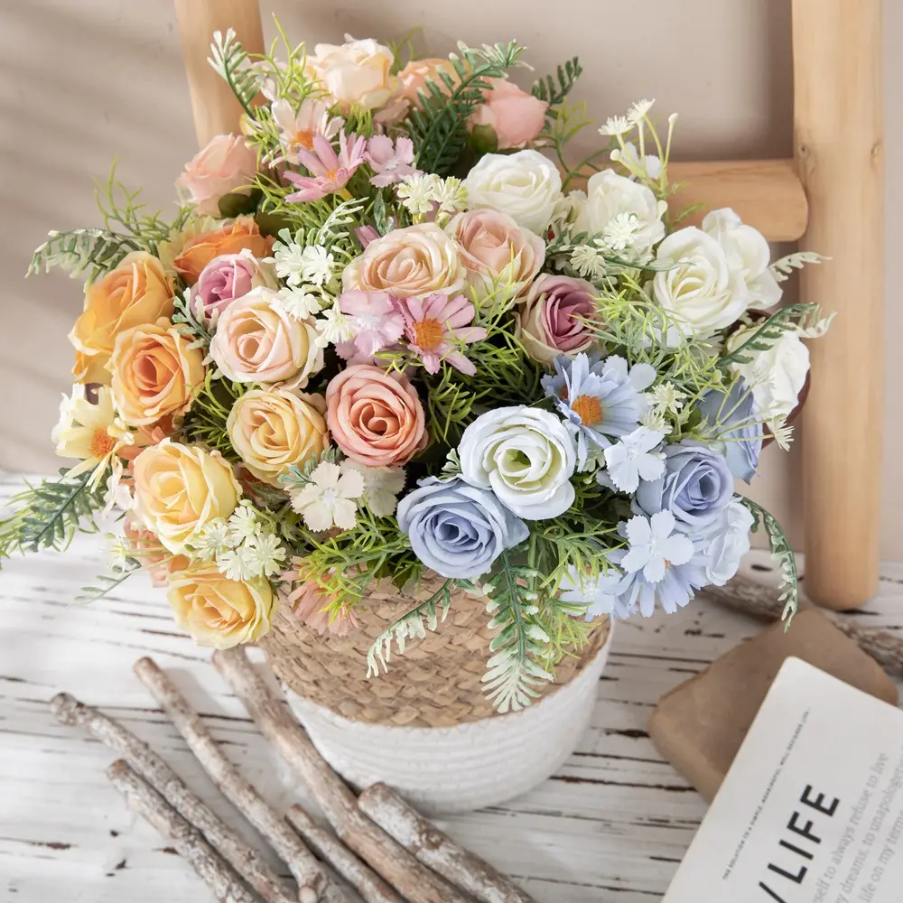 ดอกกุหลาบดอกเบญจมาศเดซี่พวง4ส้อมตกแต่งผ้าไหมดอกไม้ปลอมงานแต่งงานฉากหลังอุปกรณ์ในการถ่ายภาพ