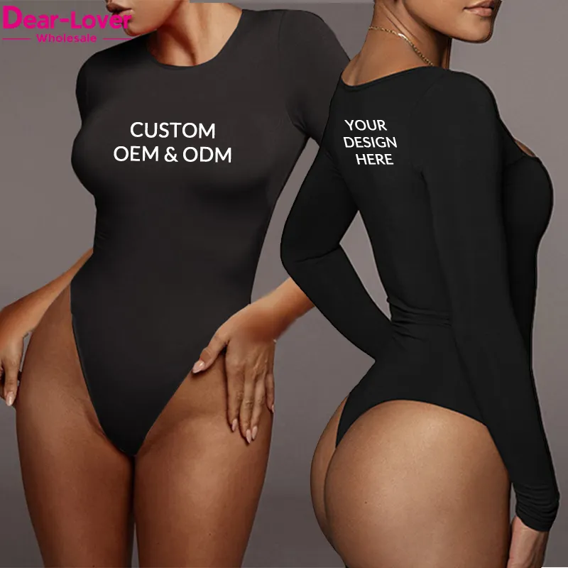 Dear-Lover OEM ODM Custom Embroidery Logo Bodycon Bodysuits Wholesale High Quality One Piece Long Sleeve Body Suit Women
