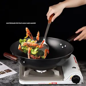 Wok revestimento chinês de aço carbono, 32cm, wok sem revestimento, para restaurante com feixe, alça de madeira, aço preto, ferro, aço