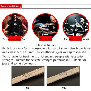 फैक्टरी प्रत्यक्ष बिक्री 5A 7A अमेरिकी क्लासिक हिकॉरी Drumsticks ड्रम सेट शिक्षण अभ्यास के लिए चिपक जाती है