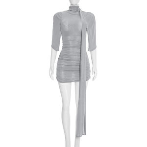 Viviblook D26DS025 Vestido Casual de Mujer, Malla, Cuello Alto, Lazo, Mangas Medias, Ajustado, Mini Vestido de Noche - Product Image 3