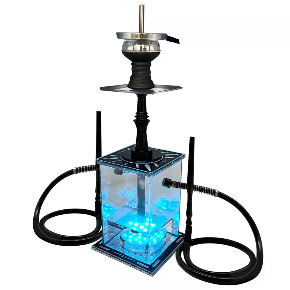 2 selang akrilik persegi Hookah dengan lampu LED Set Shisha dengan Aksesori Hookah