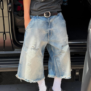 Shorts en jean décontractés pour homme, coupe boyfriend, taille mi-haute, jambe large, style charpentier, 100% coton délavé, respirant, collection automne - Product Image 1