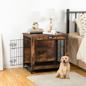 Cage à chien en bois rustique brun, meuble de 25,5 pouces, petit chenil pour animaux de compagnie d'intérieur avec double porte, plateau coulissant, table d'appoint - Product Image 6