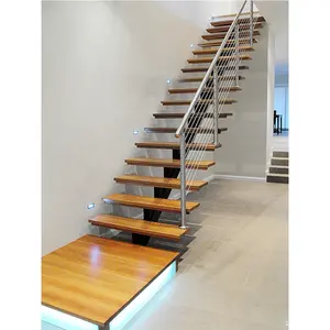 Viko escadas de madeira design moderno, aço mono fita com escada de bordo de vidro