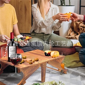 Cross-border <b>wooden</b> folding <b>table</b> for outdoor picnics, fruit and snacks, <b>foldable</b> fruit basket, wine glass rack, wine <b>table</b> - Product Image 1