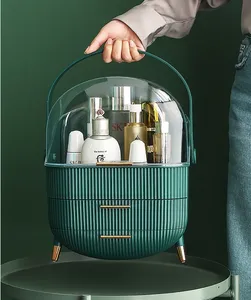 Caixa de plástico para banheiro, caixa transparente para maquiagem, organizador de maquiagem com 2 gavetas e suporte para pincel, batom