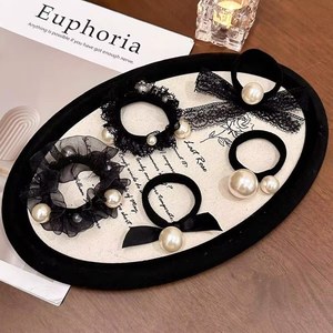 Black big pearl head rope tied ponytail head rope female leather case lace tie hair <b>ring</b> wide and <b>thick</b> - Product Image 2