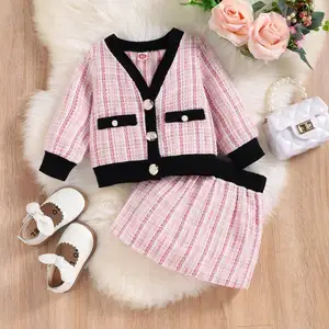 2023 enfants vêtements filles automne doux laine Tweed simple boutonnage haut jupe courte deux pièces ensemble enfants costumes