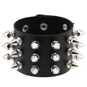 Donna uomo punte rivetto bracciale braccialetto da polso in pelle Goth Punk Rock braccialetto Punk fascia argento placcato