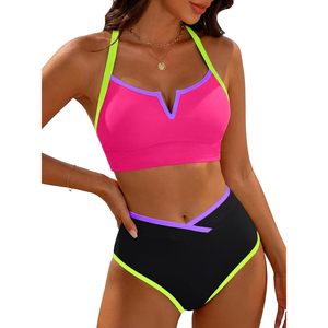 Conjunto de bikini de cintura alta neón para mujer, cuello en V, control de abdomen, ribete en contraste, traje de baño deportivo de 2 piezas - Product Image 1