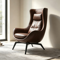 Fauteuil d'appoint relaxant à dossier haut en cuir marron avec structure à quatre pieds en fibre de verre électroplaquée mate pour salon