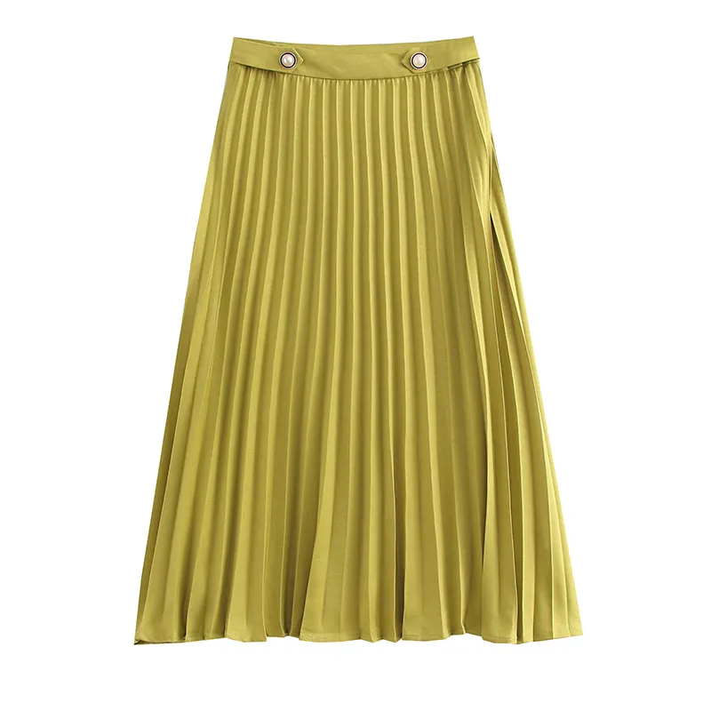 女性のための黄色のジッパーフライプリーツファッションカジュアルロングスカート