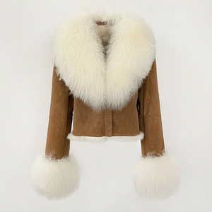 Giacca di lusso in vera pelle di pecora corta morbida grande collo di <span class=keywords><strong>pelliccia</strong></span> di agnello mongolo personalizzato da donna invernale cappotti in pelle scamosciata - Product Image 1