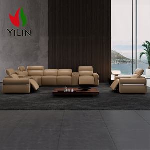 أريكة ركنية قطاعية فاخرة عصرية إيطالية من الجلد الطبيعي مع مسند ظهر كهربائي وتدليك تبريد وإضاءة LED دافئة معدنية لغرفة المعيشة - Product Image 1